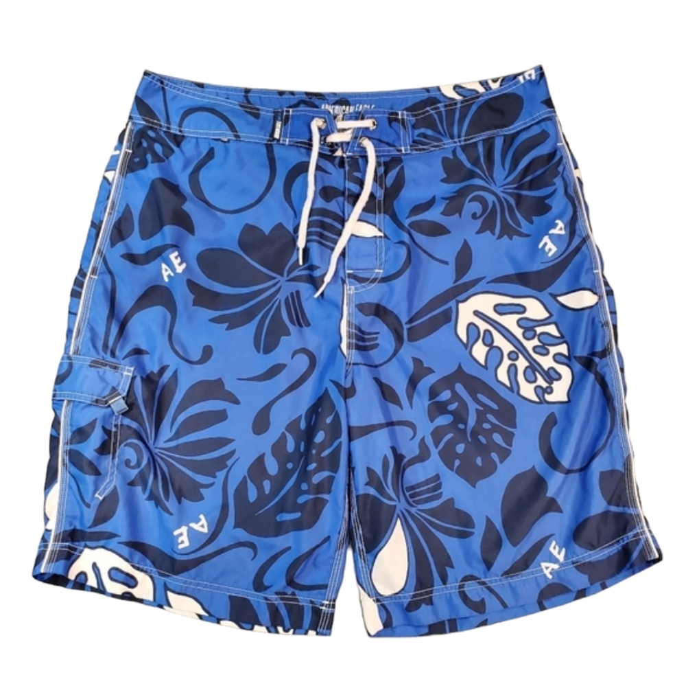 American Eagle Shorts Mens Size 38 Blue  Hawaiian Print Drawstring Beach Shorts